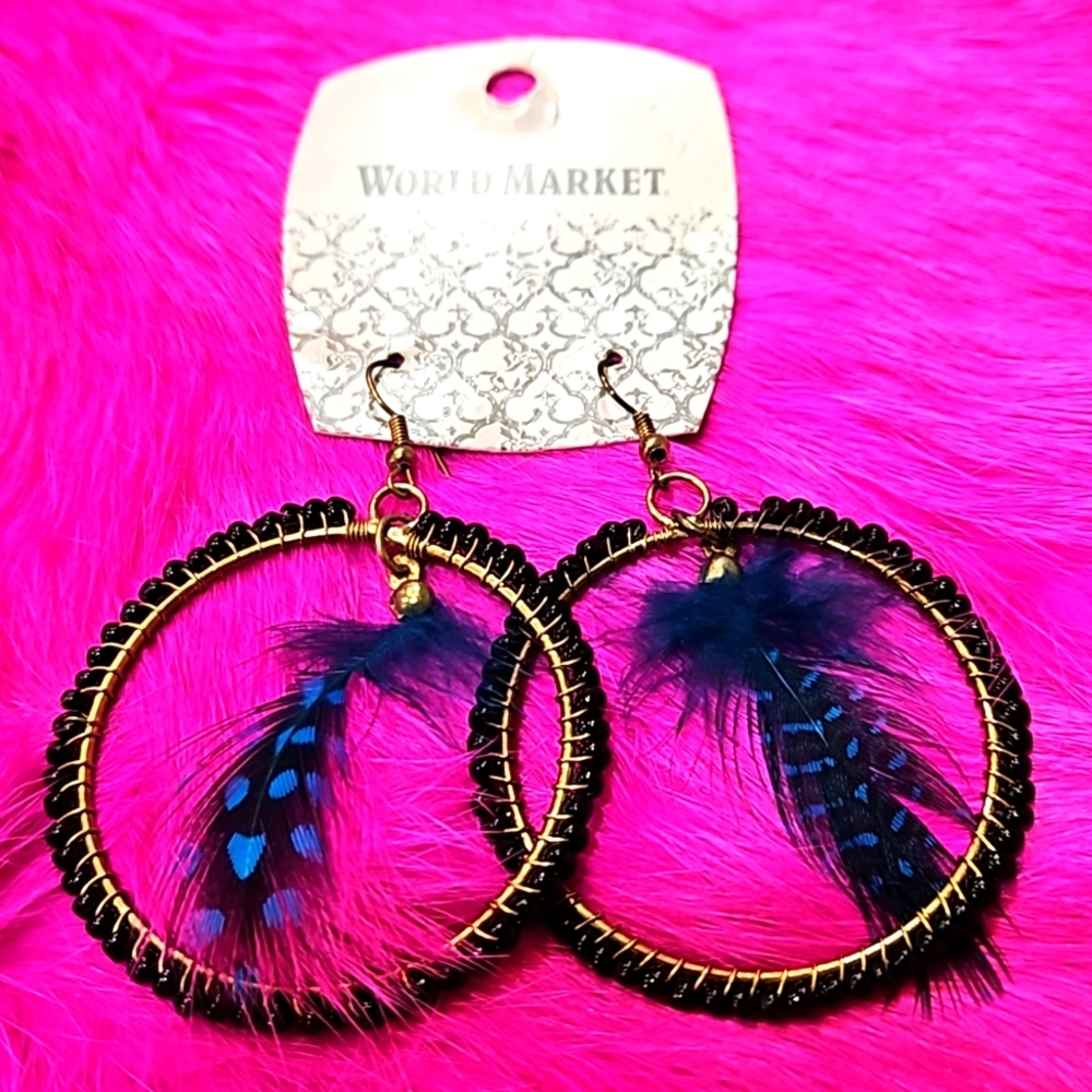 NWT WORLD MARKET BLACK ANKARA  BEAD HOOPS W/BLUE FEATHER CENTER WORLD MARKET‎